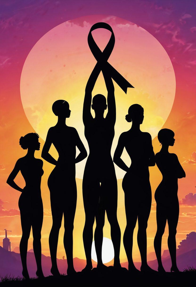A powerful silhouette of a diverse group of cancer warriors standing together, each holding a symbol of hope (like a ribbon or a flower), against a vibrant sunset backdrop. The scene also includes subtle illustrations of medical innovations like DNA strands and lab equipment floating around them, symbolizing support and progress in cancer treatment. The mood should evoke strength and unity, enhanced with soft glows around the figures. super-realistic. vibrant colors. inspirational atmosphere.