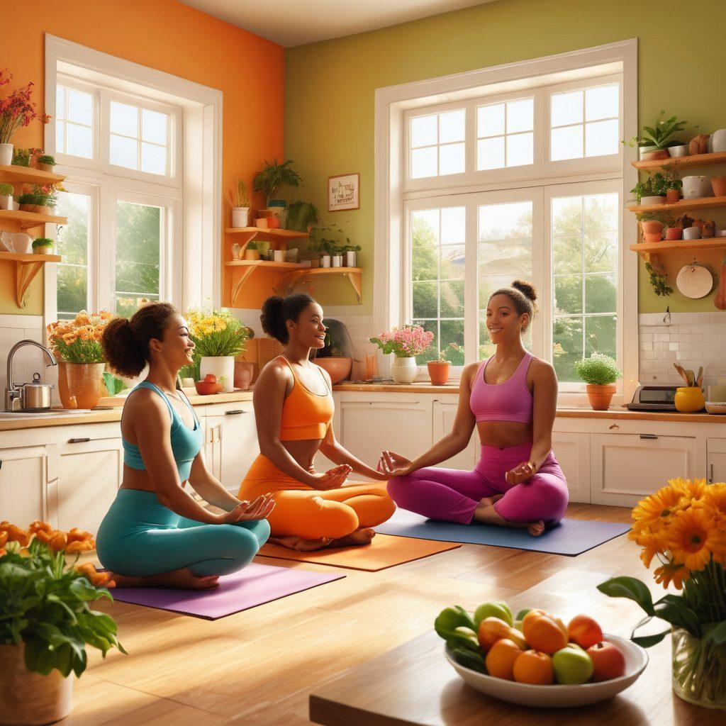 An uplifting scene depicting a diverse group of individuals engaging in healthy activities like yoga and cooking nutritious meals in a sunlit kitchen. Incorporate symbols of resilience and hope such as blooming flowers and uplifting quotes in the background. Illustrate a sense of community with supportive interactions. Use warm and vibrant colors to evoke positivity and empowerment. super-realistic. vibrant colors. bright background.